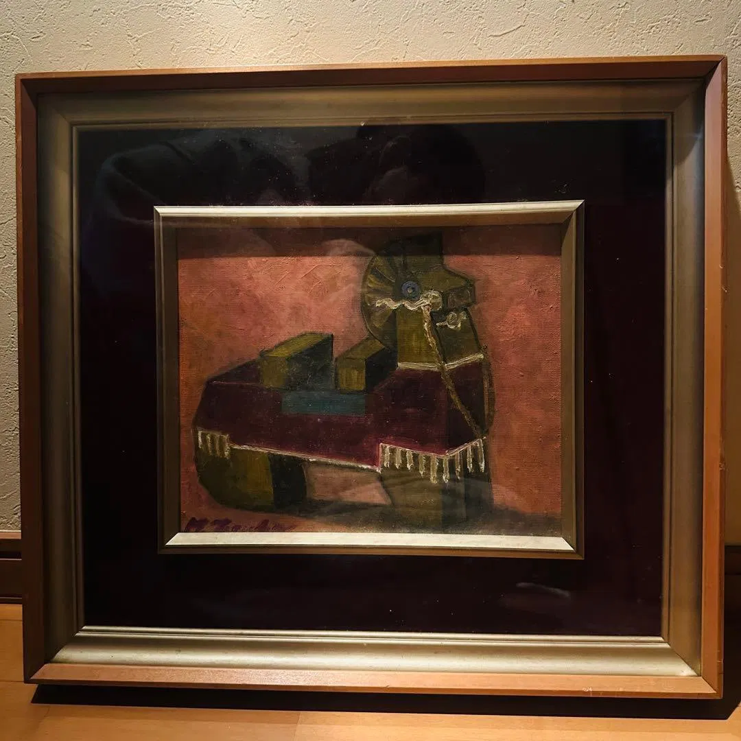 Authentic Work, 1950s Oil Painting, Japanese Modern Style, Haniwa Horse, Framed, Rare