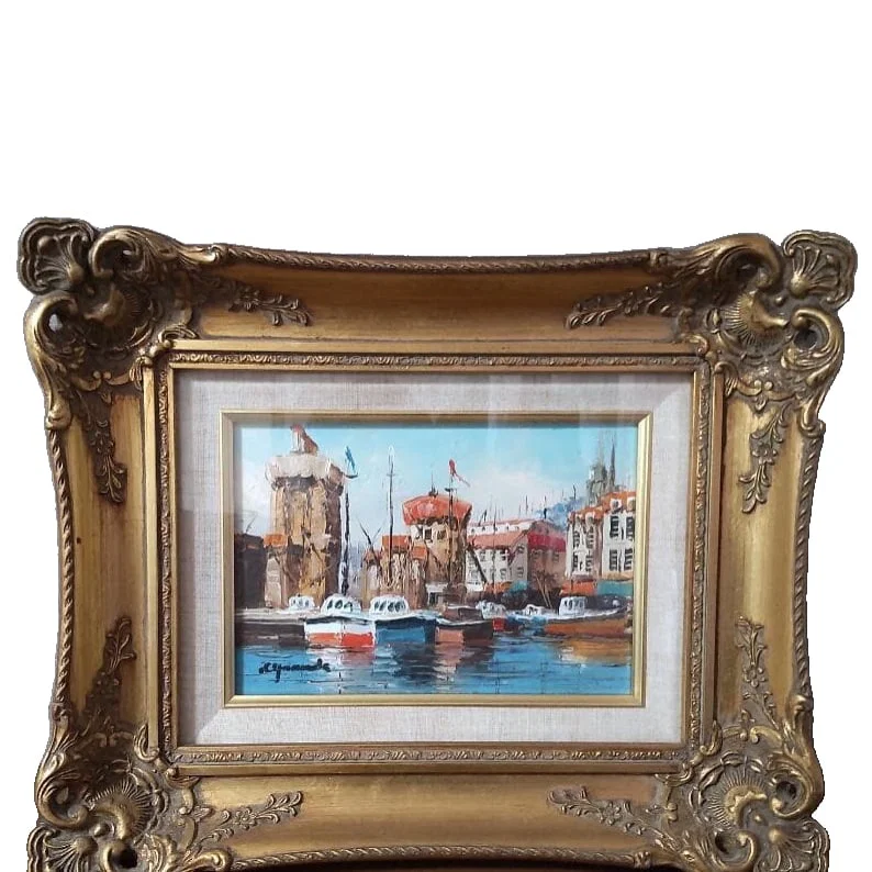 Authentic Yamada Kazuo Oil Painting "La Rochelle" French Port Scene, Gilded Frame