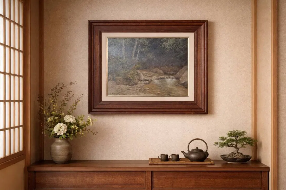 Authentic Yukio Tazome Oil Painting (No.6) Mountain Stream – Framed – Showa-Era Western-Style