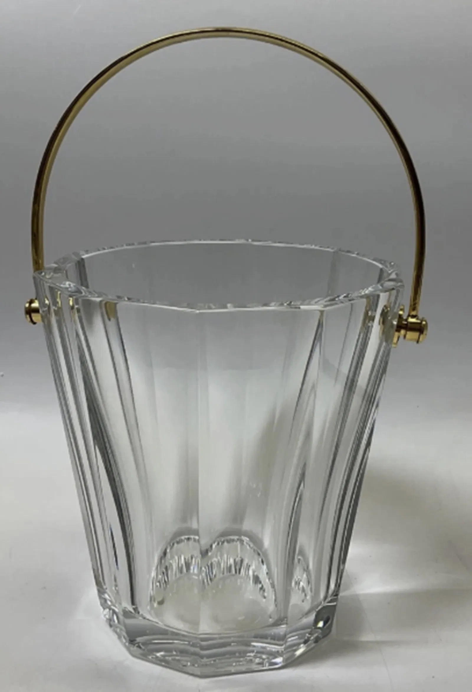 Baccarat Signed Crystal Decagon Ice Bucket With Brushed Gold Handle Made in France