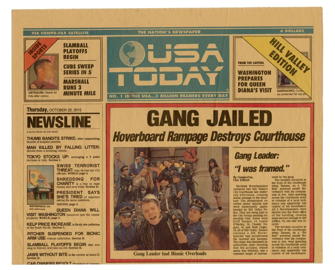 BACK TO THE FUTURE PART II (1989) - "Gang Jailed" USA Today Newspaper Cover