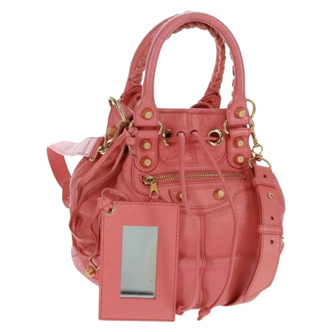 Balenciaga Giant Mini Pom Pom Pink Leather Bag with Shoulder Strap and Mirror