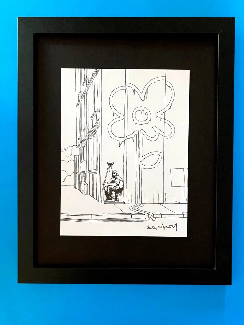 BANKSY + SIGNED GRAFFITI PRINT " THE FLOWER " + NEW FRAME