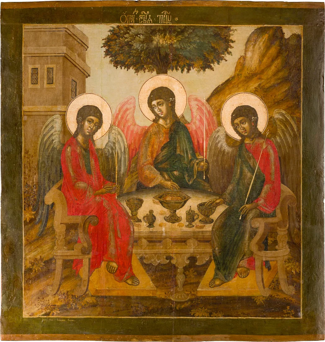 | BEDEUTENDE MONUMENTALE, SIGNIERTE IKONE MIT DER ALTTESTAMENTLICHEN DREIFALTIGKEIT AUS EINER