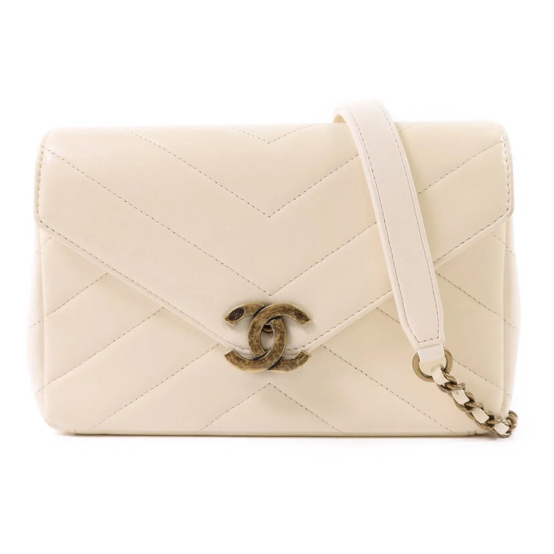 Beige Calfskin Leather Shoulder Bag by CHANEL CC with Gold Hardware