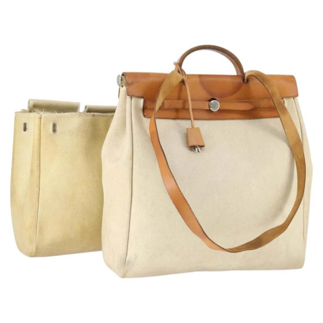 Beige Canvas Her Bag MM by Hermes with Silver Hardware and Accessories