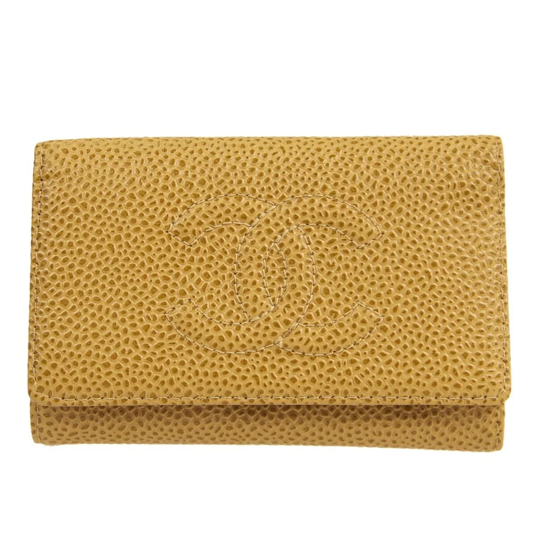 Beige Caviar Skin Chanel Key Holder with Button Logo Accent