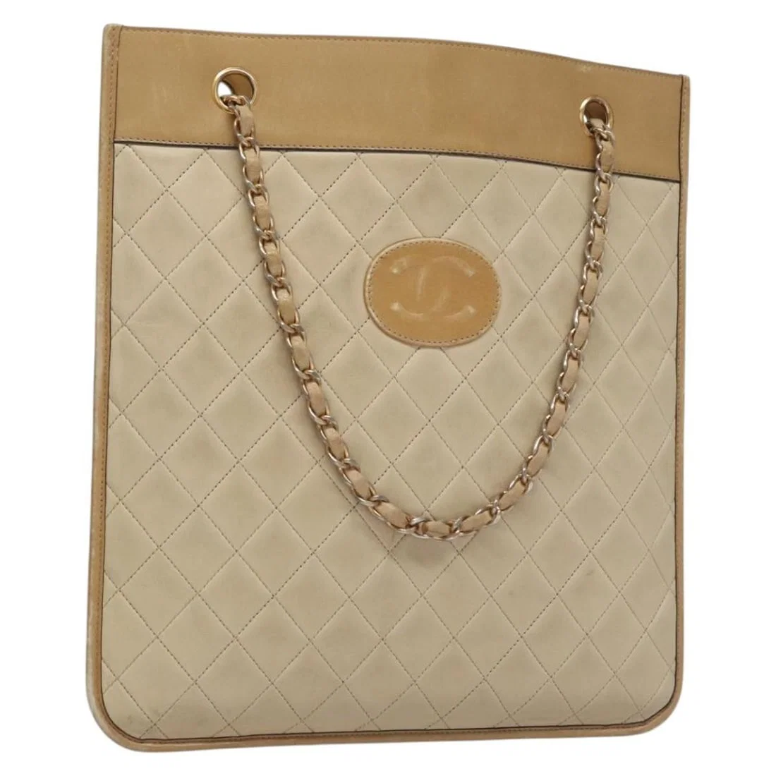 Beige Lambskin Matelasse Handbag with Chain Strap by CHANEL Gold CC