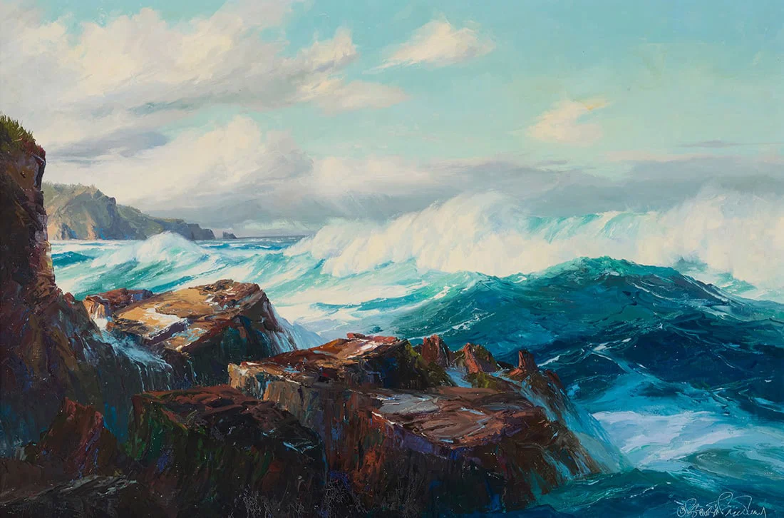 Bennett Schroeder Bradbury (1914-1991), Waves crashing on rocks
