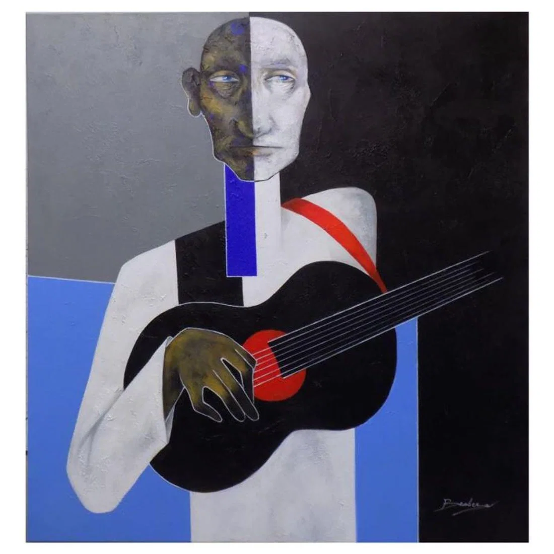 Berberyan, "The Black Guitar" Hand Signed Original Painting on Canvas with Letter of Authenticity.
