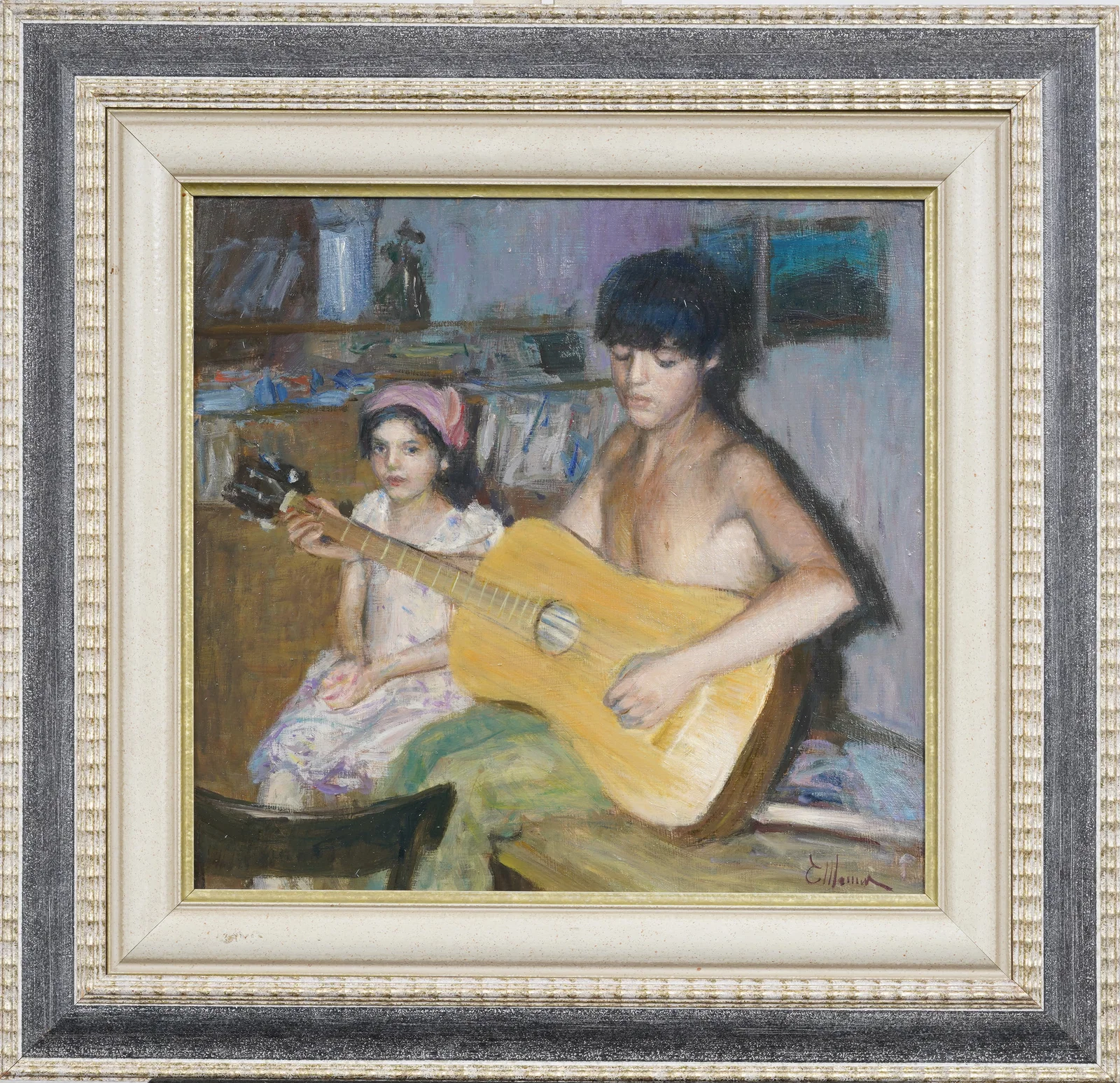 "Big Brother on the Guitar" Finely Painted Vintage Signed American Original Oil Painting