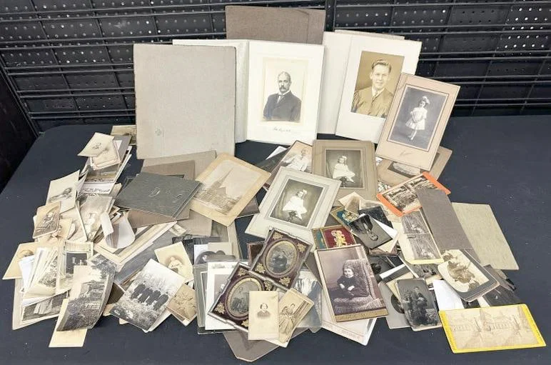 Big misc. lot early photographs from estate collection, cdv's, cabinet cards, tintypes, albumens,