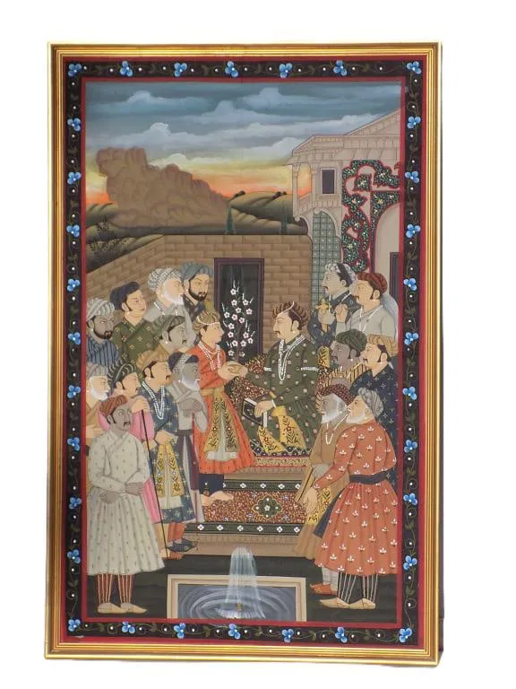 BIG PERSIAN MUGHAL EMPEROR COURT SCENE PAINTING