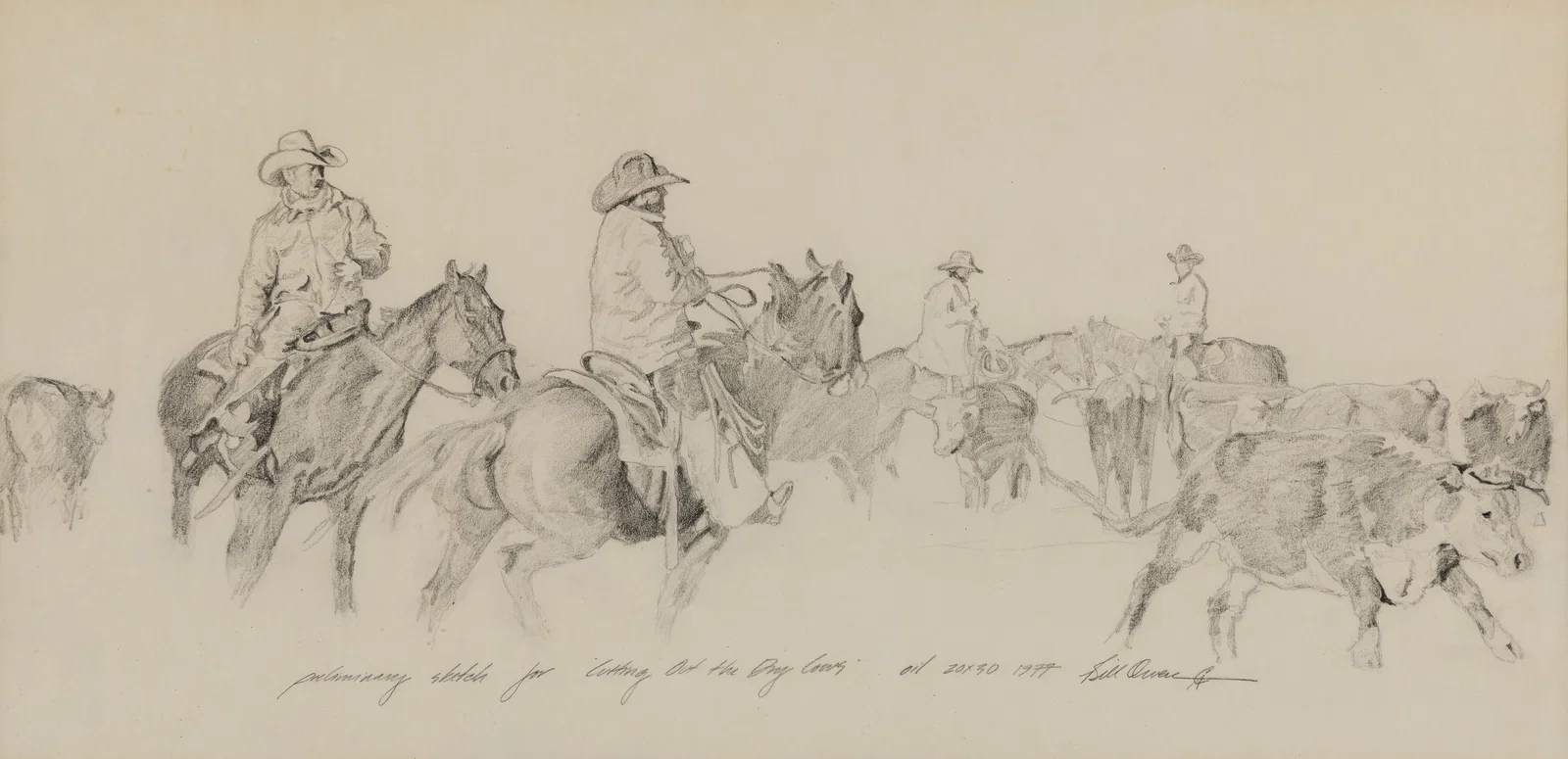 Bill Owen (Am. 1942-2013), "Preliminary Sketch for Cuttting out the Dry Cows" 1977, Pencil on paper,