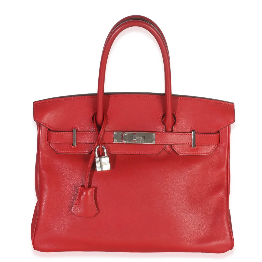 Birkin 30 Red Leather Top Handle Bag with Silver Hardware and Accessories