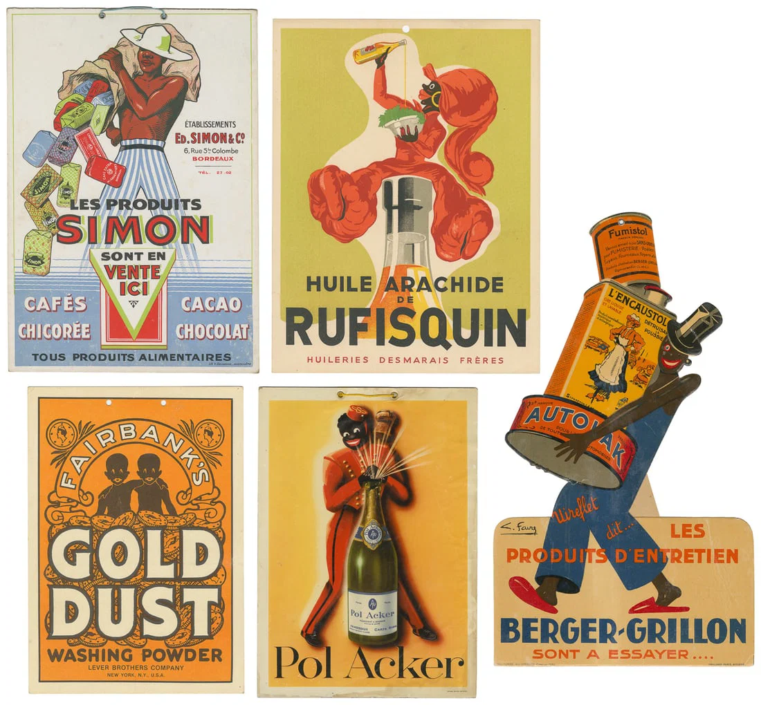 [BLACK ADVERTISING]. Group of 5 product display signs.