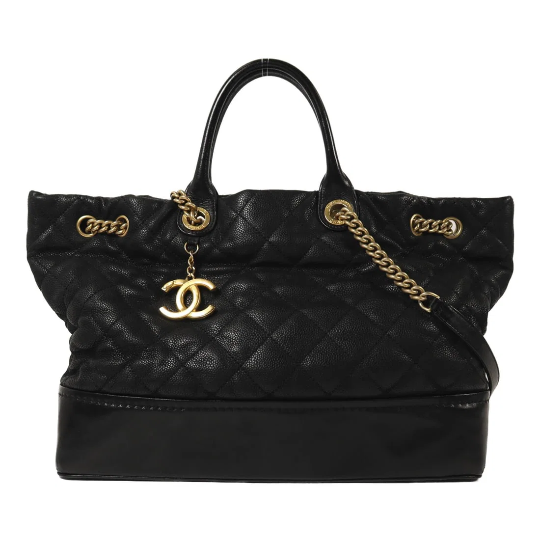 Black Calfskin Leather CHANEL 2 Way Shoulder Bag with Gold Hardware