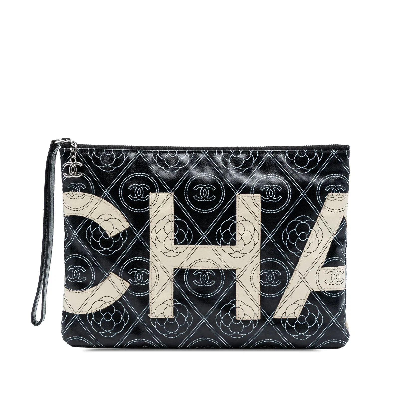 Black Camellia Logo Wristlet by Chanel in Coated Canvas