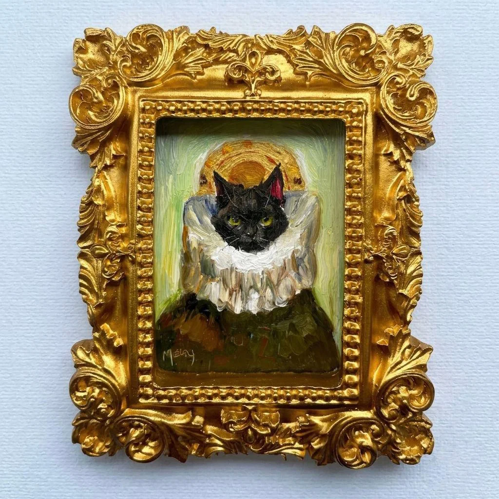 Black Cat Statue - Mini Oil Painting Original Hand-painted Artwork