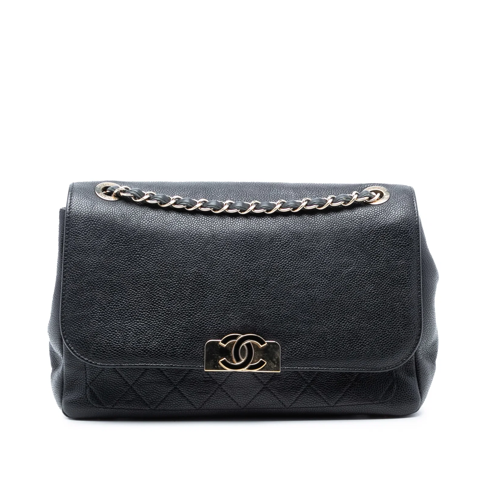 Black Caviar Leather Chanel Flap Pocket Bag with CC Plate and Chain Strap
