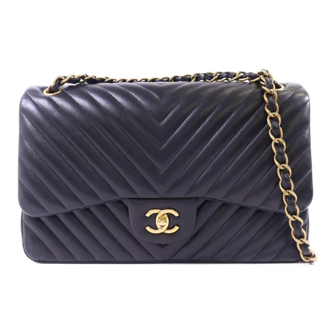 Black Lambskin Chanel Jumbo Shoulder Bag with Gold Hardware 2 Way
