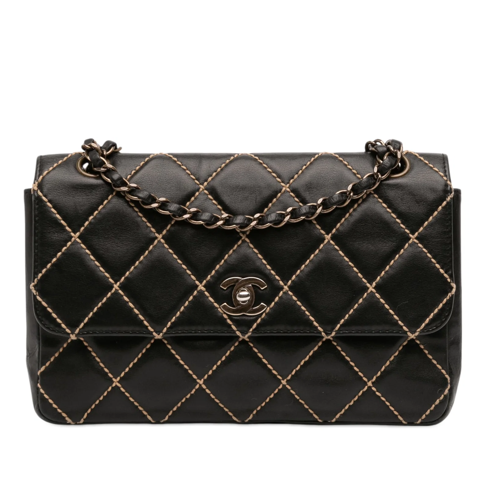 Black Lambskin Shoulder Bag with CC Turnlock and Wild Stitch Detailing