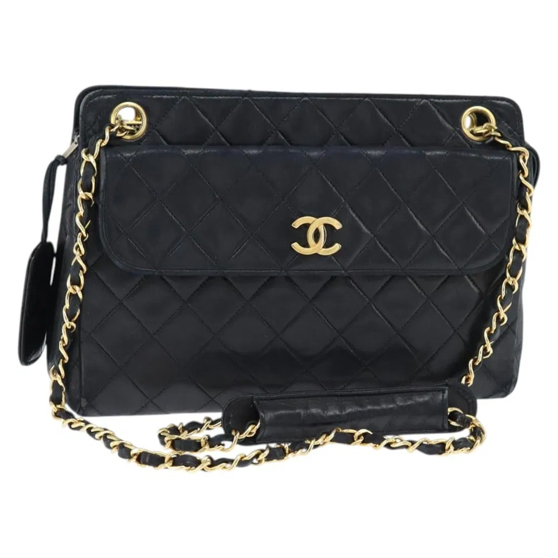 Black Lambskin Vintage Chanel Quilted Chain Shoulder Bag with Front Pocket
