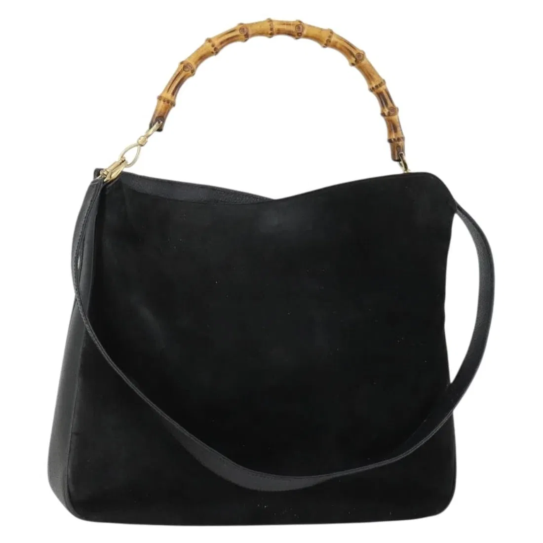 Black Suede GUCCI Bamboo 2way Shoulder Bag with Gold Details 001 2113 1577