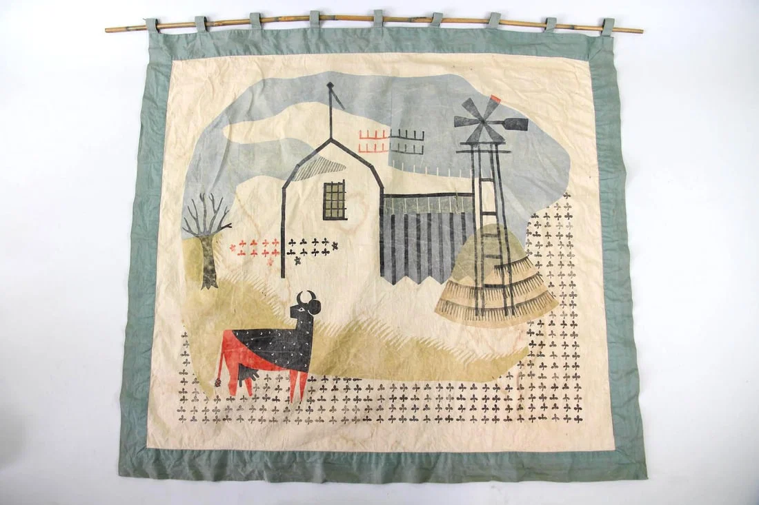 Block Printed Textile Banner with Bull & Farm, Milwaukee WPA Handicraft Project