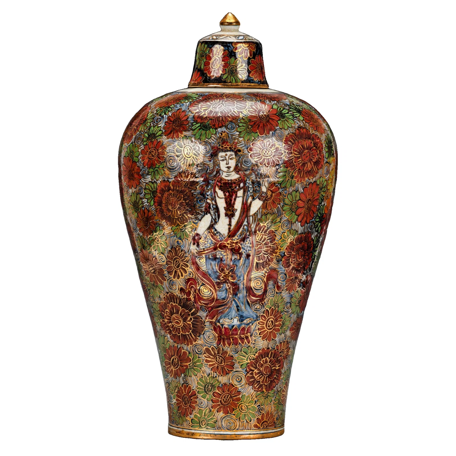 Blue and white meiping vase with a cover decorated with a Buddha statue design.