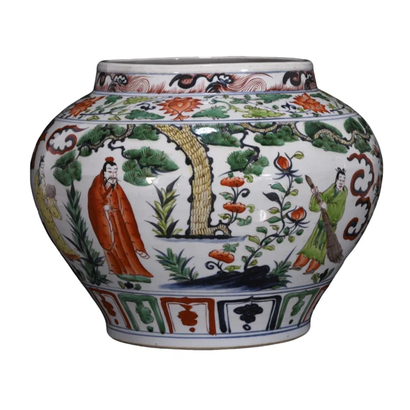 Blue and white porcelain jar with colored figures and stories