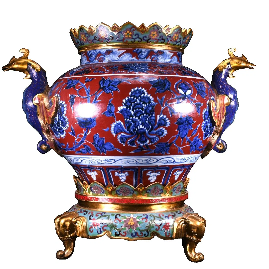 Blue and white porcelain with red glaze, entwined branches and peony patterns, inlaid with cloisonnE