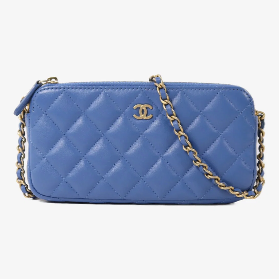 Blue Lambskin CHANEL Wallet On Chain Shoulder Bag with CC Logo and Gold Hardware