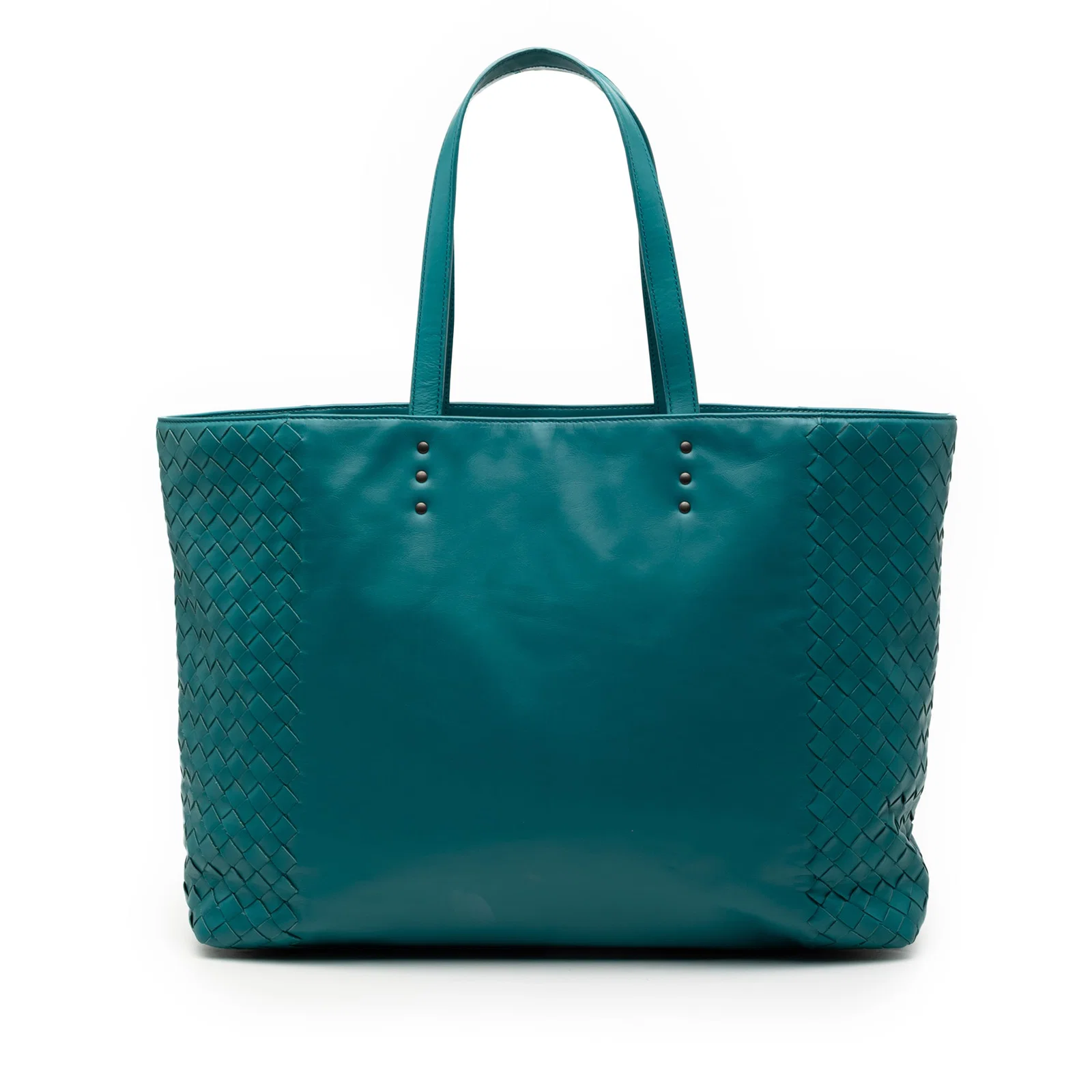 Blue Nappa Leather Tote with Intrecciato Woven Accents by Bottega Veneta
