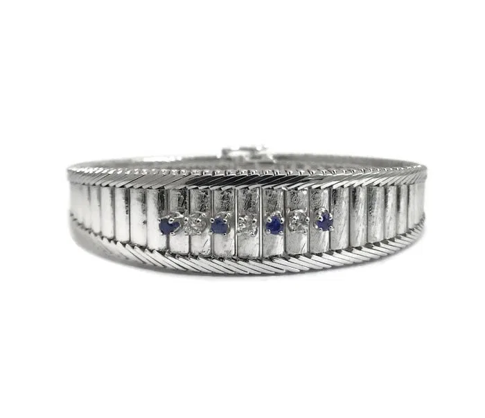 BLUE SAPPHIRE DIAMOND WIDE FLEX BRACELET 14K WHITE GOLD