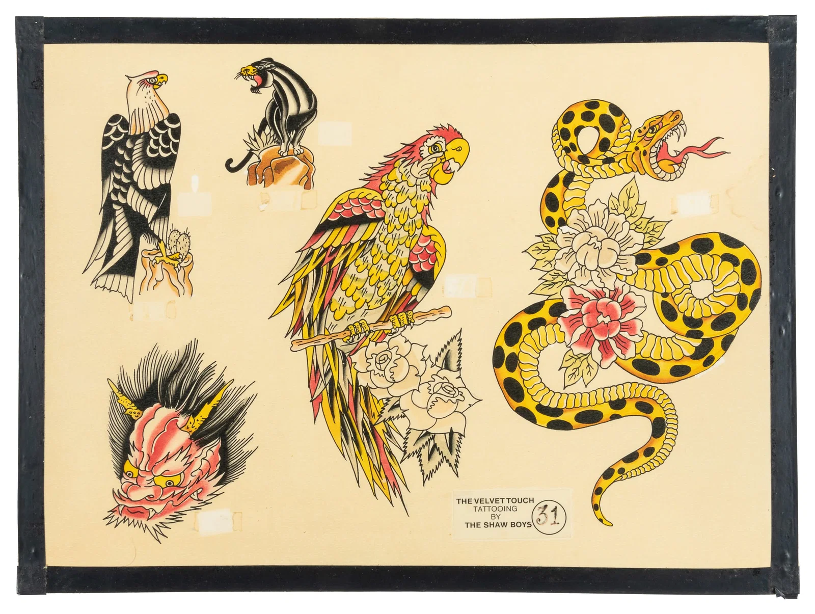 Bob Shaw Five Design Flash Sheet w/ Animal Motifs. The Velvet Touch Tattooing by the Shaw Boys,