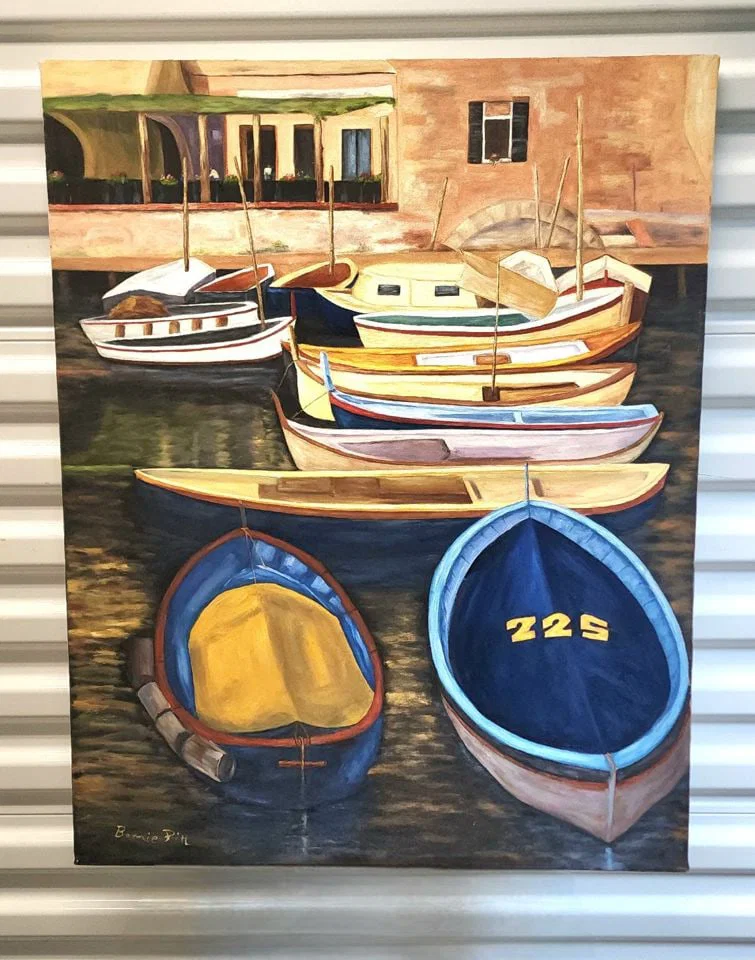 Bonnie Pitt Vintage superb nautical impressionist oil painting showing boats in harbor... Signed