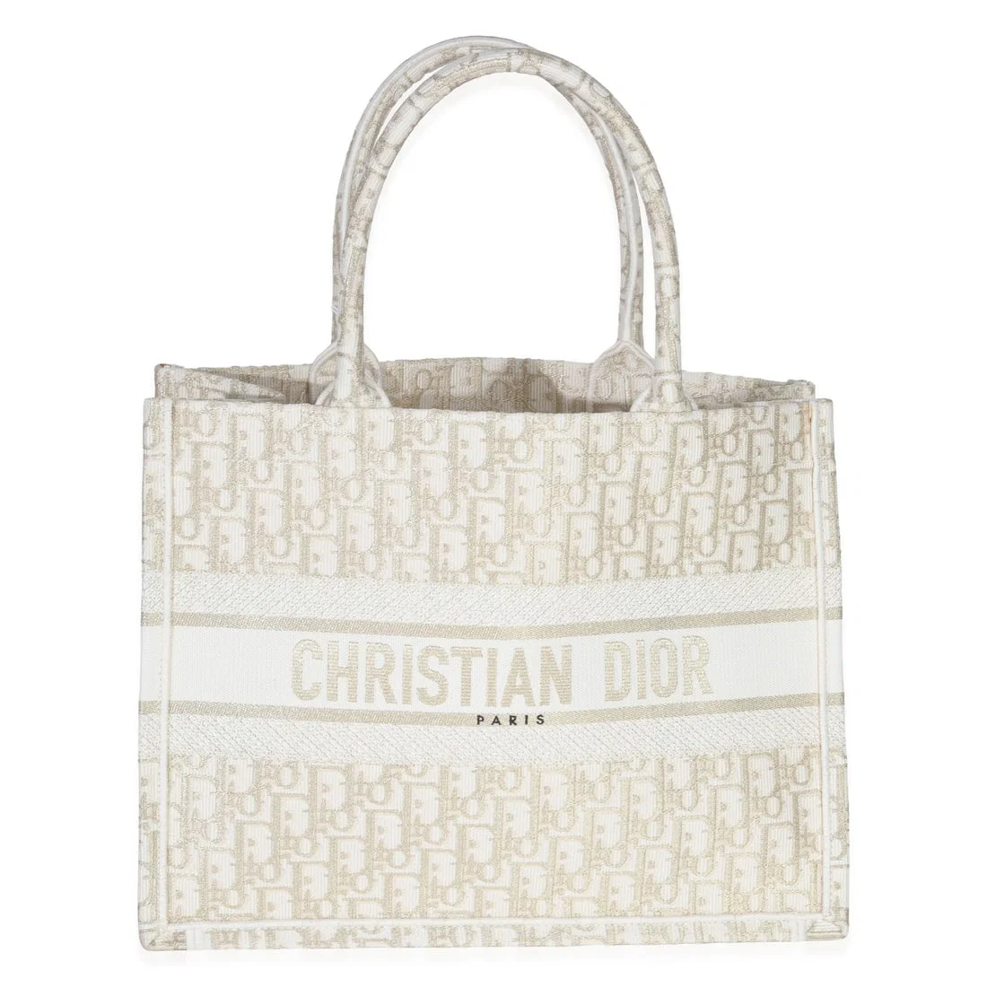 Book Tote Canvas Handbag with Oblique Embroidery in White Gold by Christian Dior