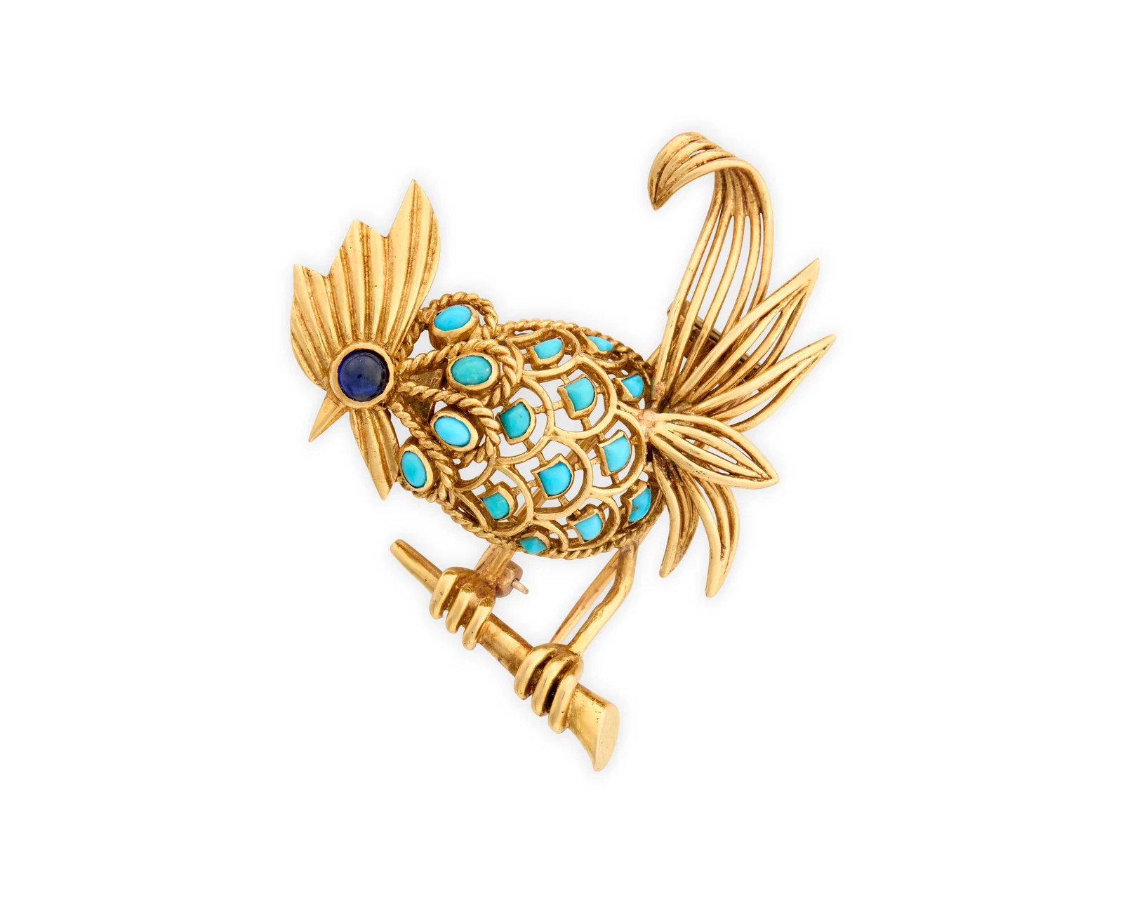 BOUCHERON 18K Gold, Turquoise, and Sapphire Brooch