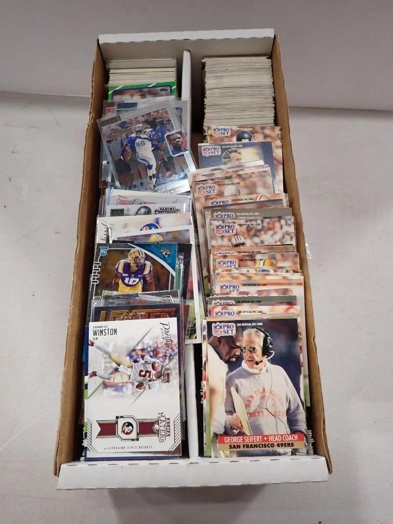 Box full of assorted Football Trading Cards including HOF, Stars, etc.