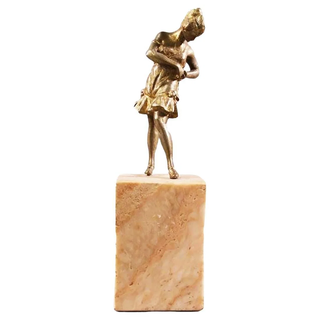 Brass Art Deco Flapper Girl Sculpture on Peach Marble Obelisk