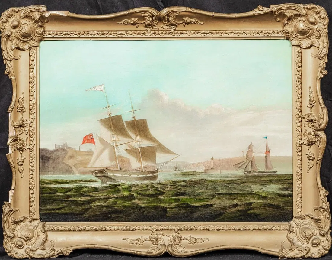 BRIG ENTERING WHITBY OIL PAINTING ATTRIBUTED TO GEORGE II CHAMBERS