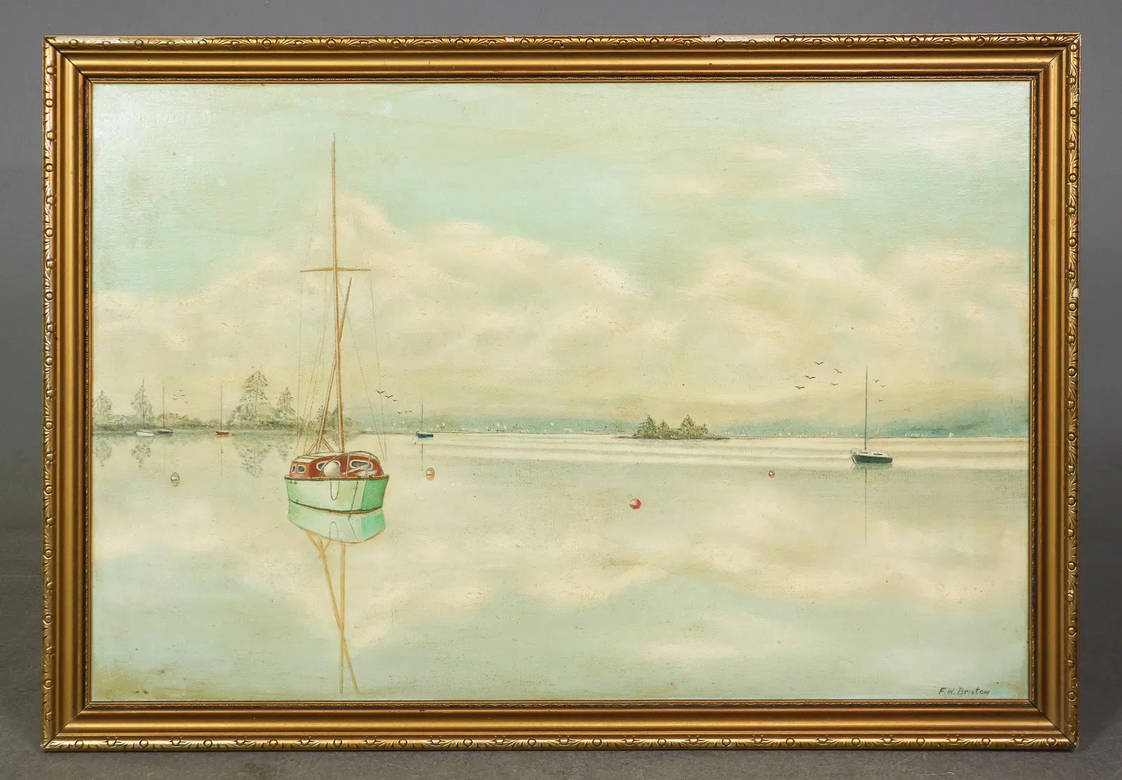 British Oil on Canvas - Sail Boat on Lake Windermere