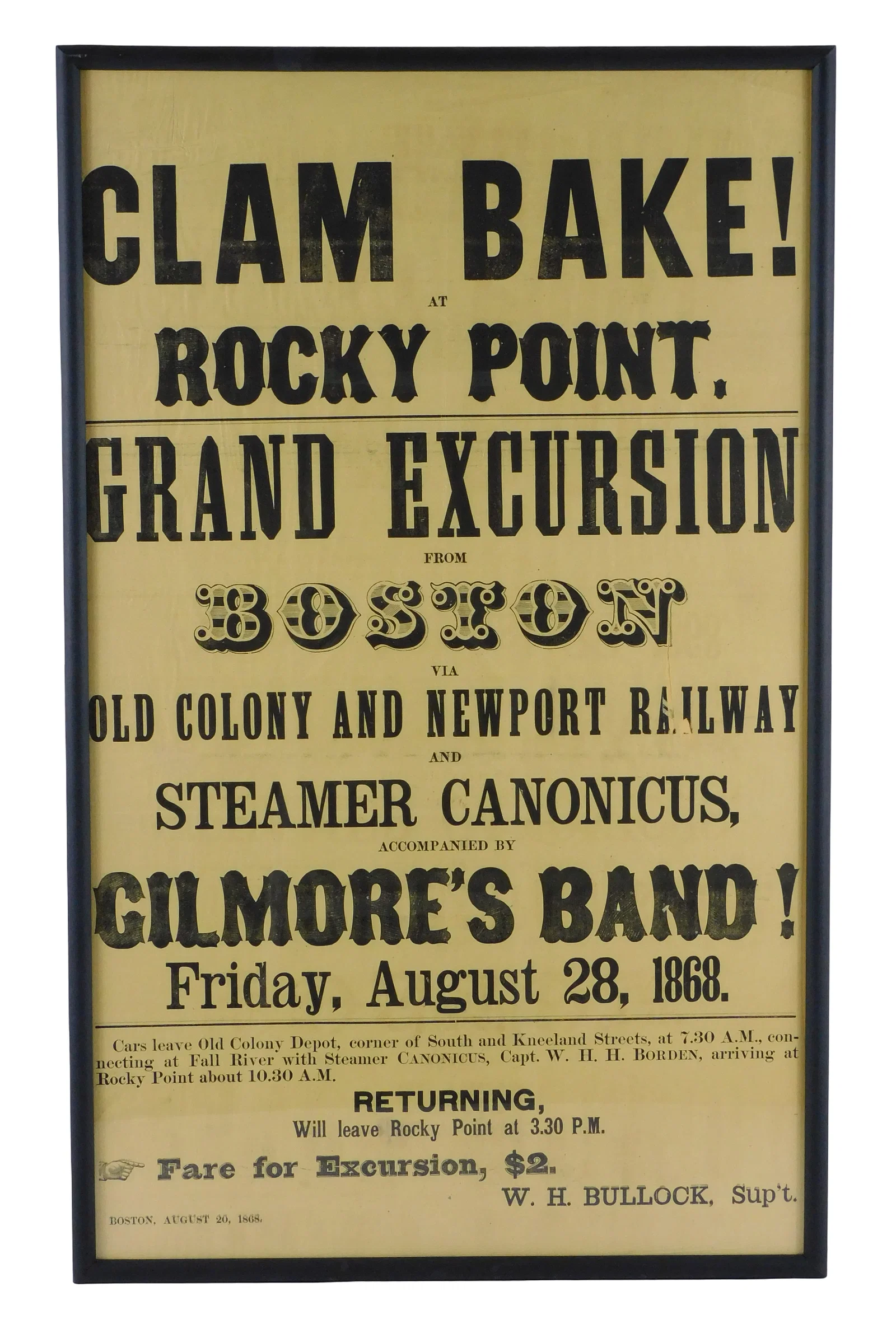 BROADSIDE: 1868 "Clambake at Rocky Point Grand Excursion" advertising poster/ broadside on thin