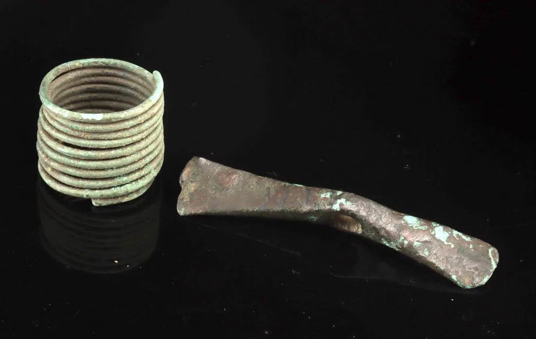 Bronze Age Copper Votive Axe Head & Brass Hair Coil