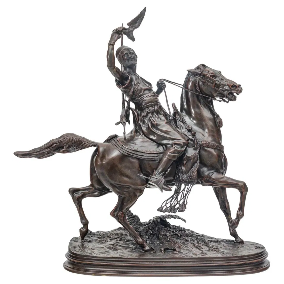 Bronze Equestrian Falconer Sculpture Late 1800s After Pierre Jules Mene