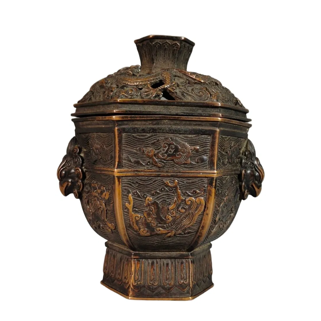 Bronze Incense Burner with Wave and Beast Patterns