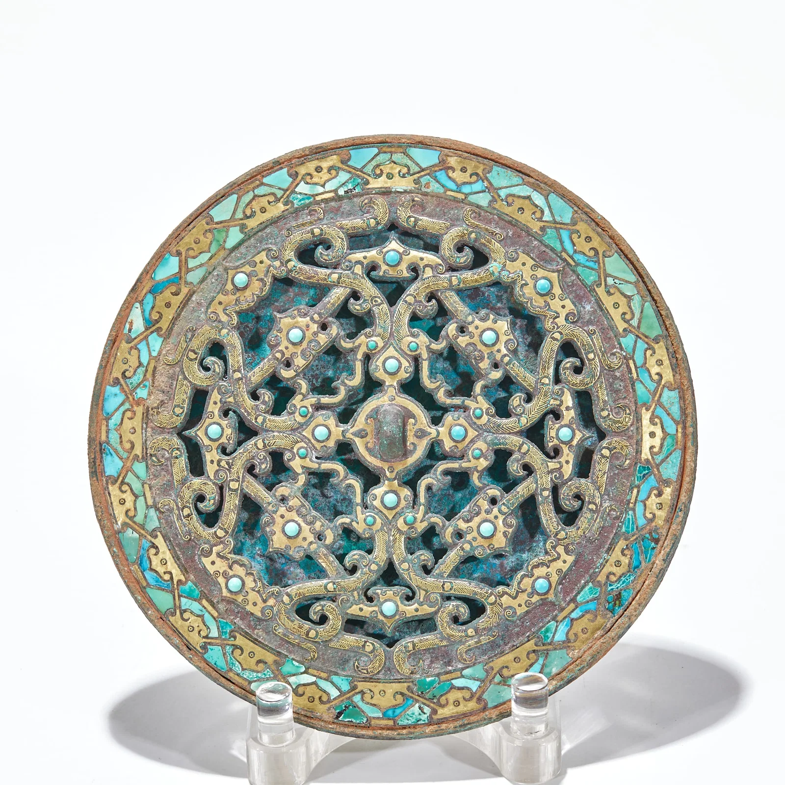 Bronze Mirror with Openwork Gold and Silver Inlaid Turquoise and Coiled Chi Dragon Patterns from the