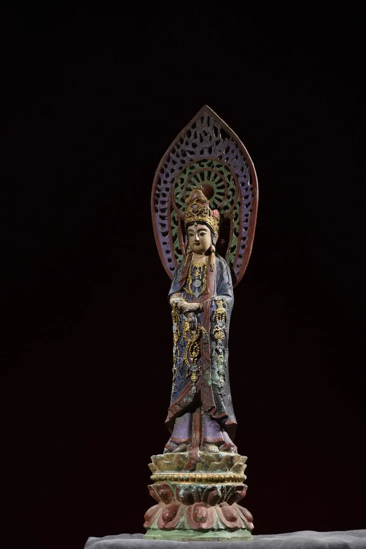 Bronze Painted Guanyin Statue Holding a Bead