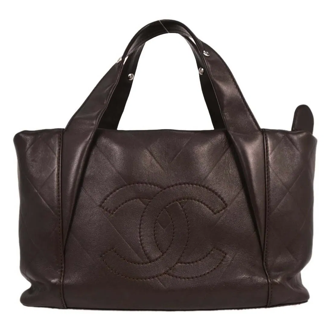 Brown Chevron Lambskin Top Handle Bag by Chanel with Logo Accent
